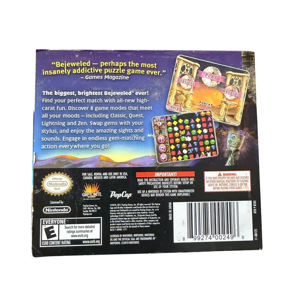 Bejeweled 3 Nintendo DS Game PopCap Puzzle Complete CIB with Slipcover NTR-B2XE